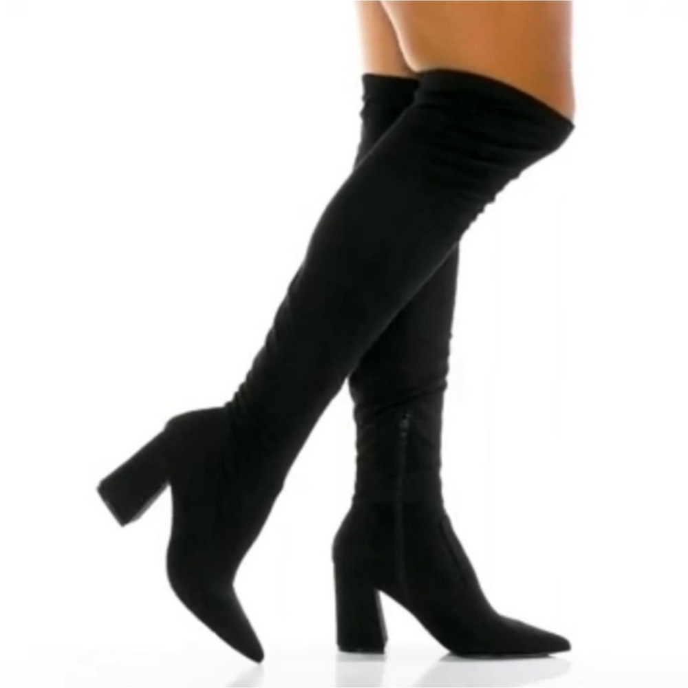 Steve Madden Women's Shari Over The Knee Heeled Boots Black Size 7M Faux Suede